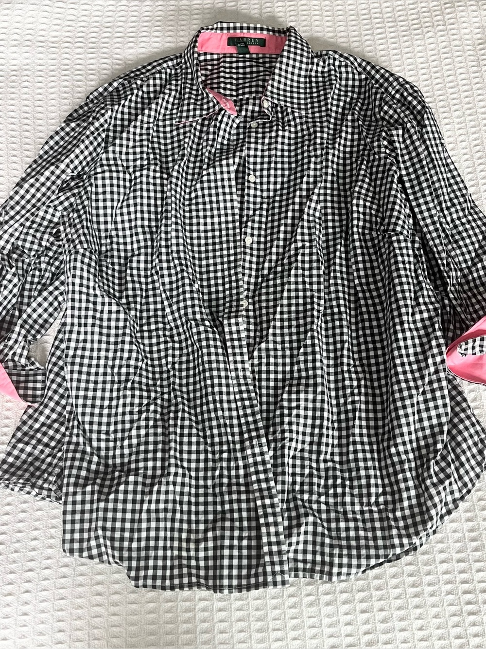 Lauren Ralph Lauren Black & White Gingham Button-Down with Pink Trim 3X